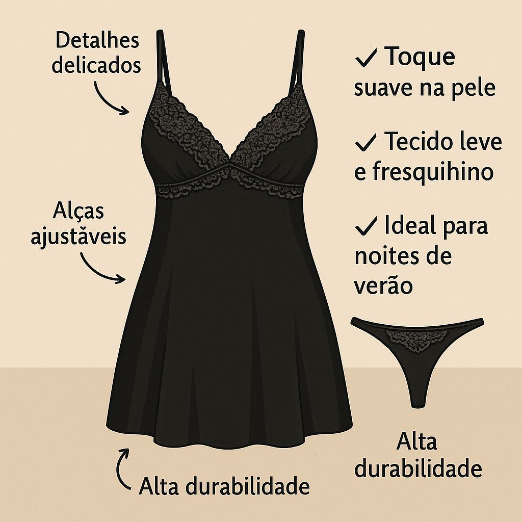 Camisola de Renda Luxo Premium com Calcinha Fio Dental – Elegância e Conforto para Suas Noites