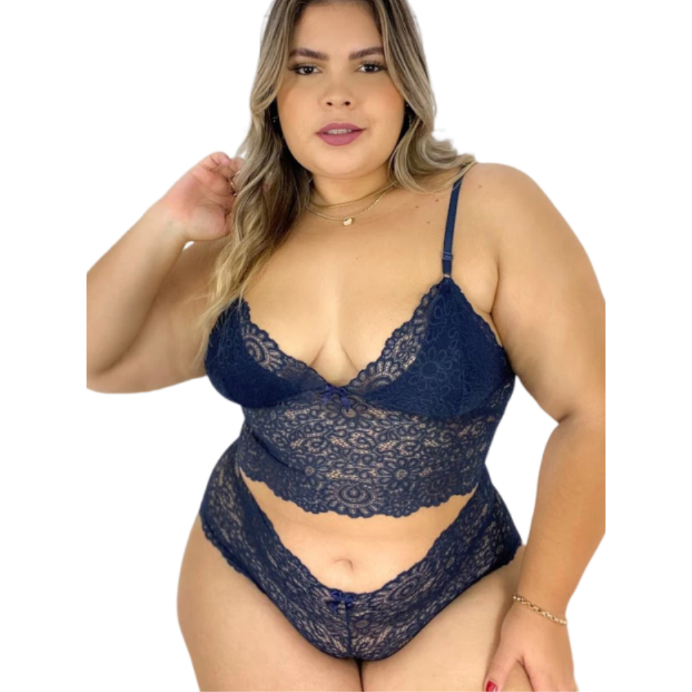 Kit 3 Conjunto Espera Marido PLUS SIZE cropped + calcinha calesson sem bojo e renda