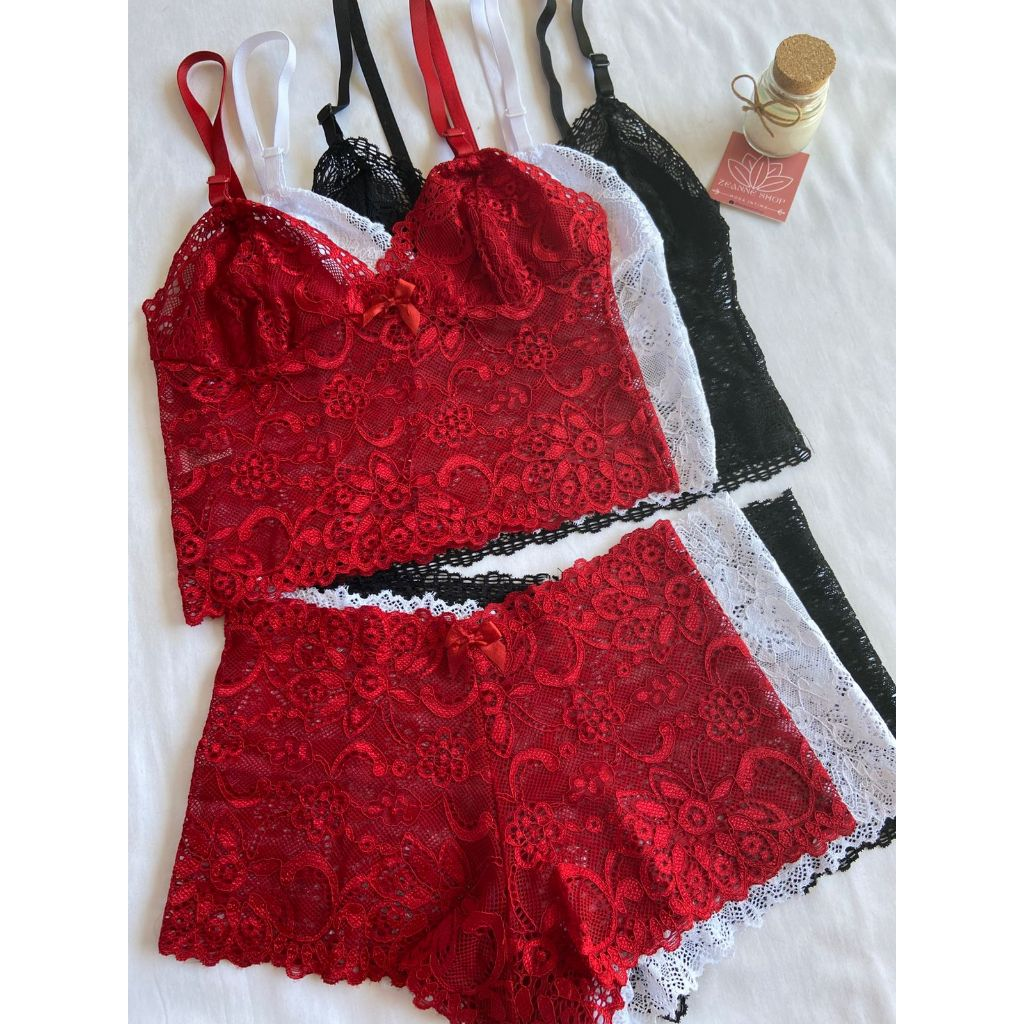 Kit 3 Conjunto Espera Marido PLUS SIZE cropped + calcinha calesson sem bojo e renda