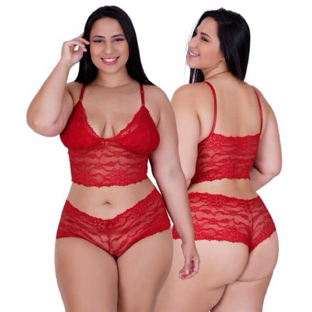 Kit 3 Conjunto Espera Marido PLUS SIZE cropped + calcinha calesson sem bojo e renda