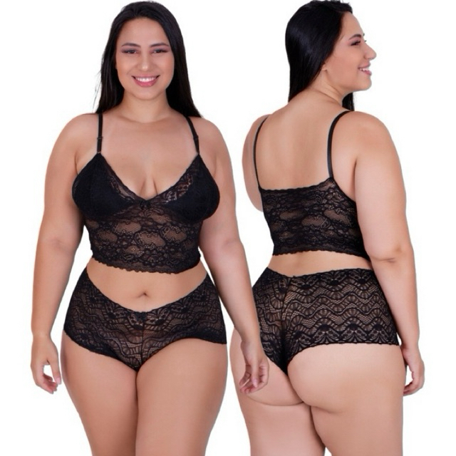 Kit 3 Conjunto Espera Marido PLUS SIZE cropped + calcinha calesson sem bojo e renda