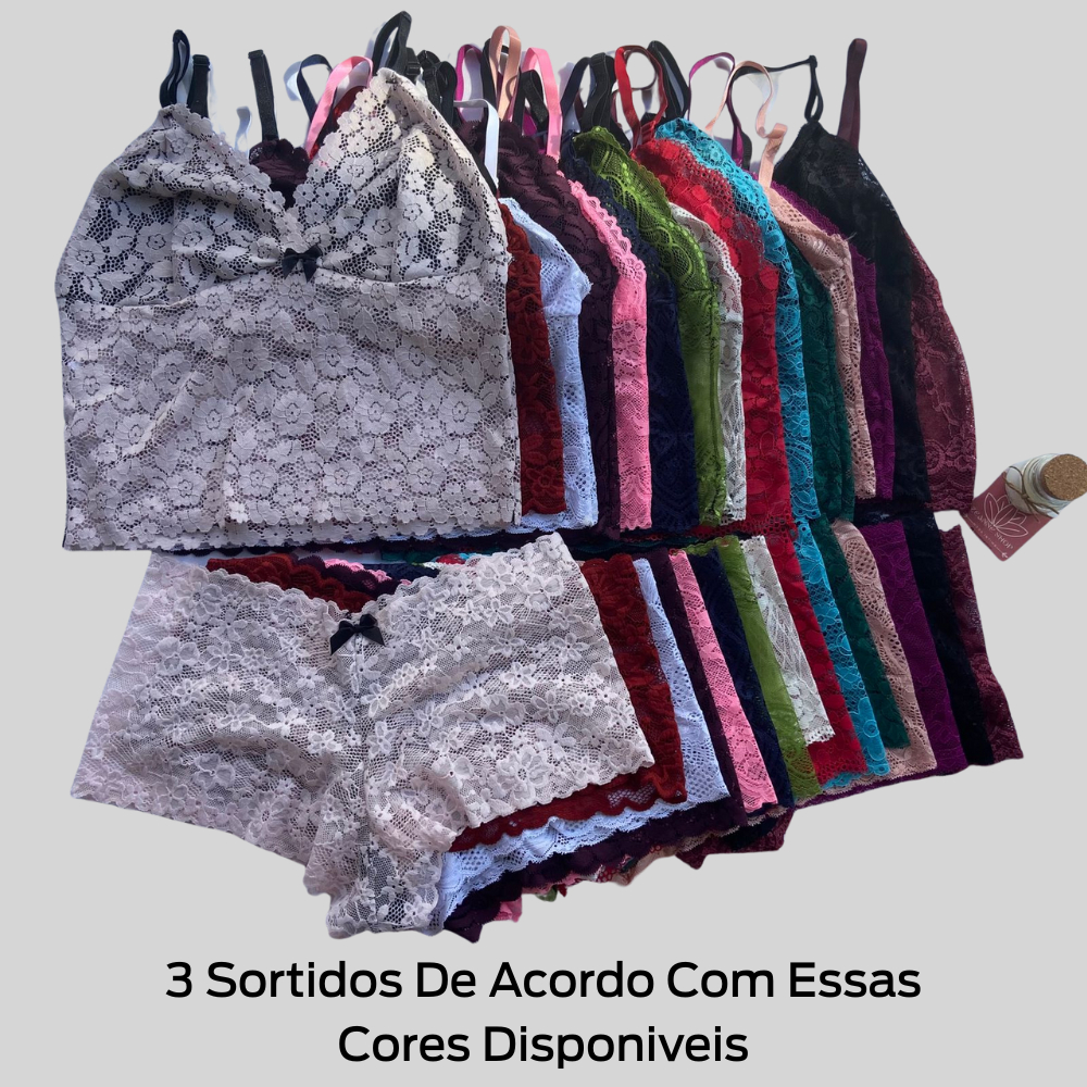 Kit 3 Conjunto Espera Marido PLUS SIZE cropped + calcinha calesson sem bojo e renda
