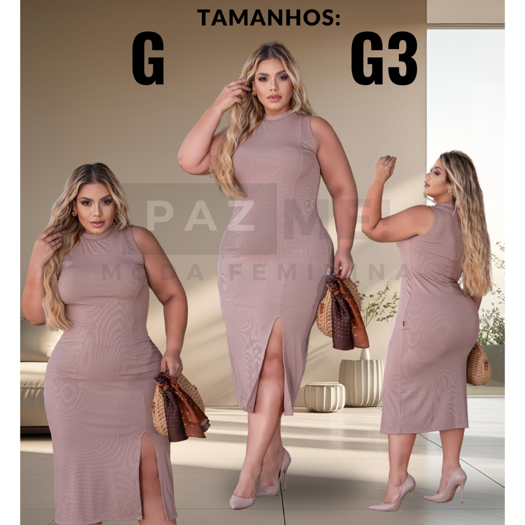 Vestido Midi PAZME Plus Size Regata Larga C/ Fenda Frontal