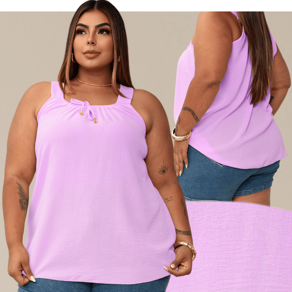 Blusa Regata Feminina Plus Size Elastico Na Gola Com Ponteira Dourada Tendencia