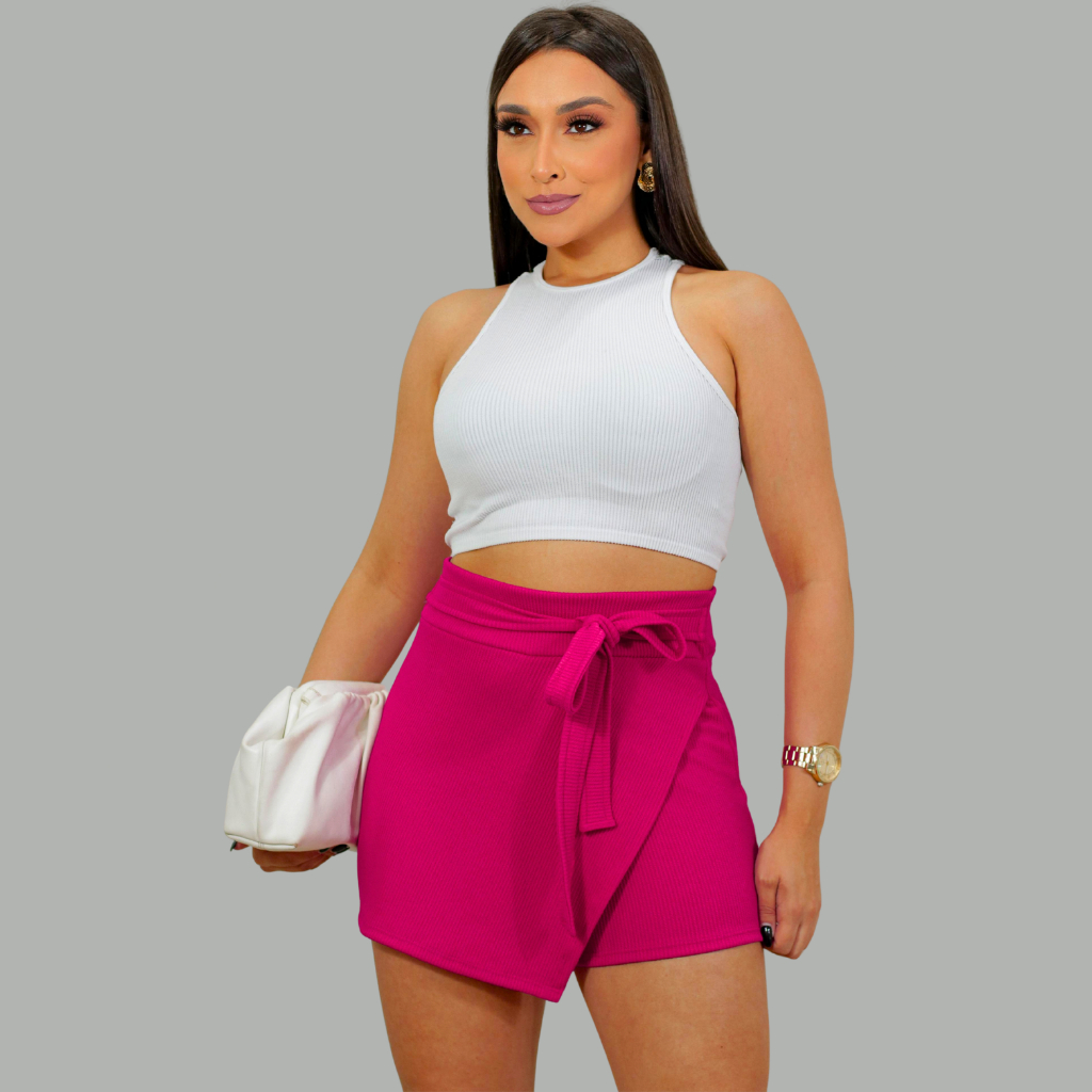 SHORT SAIA FEMININO LAÇO FRONTAL DETALHE ASSIMÉTRICO CINTURA ALTA