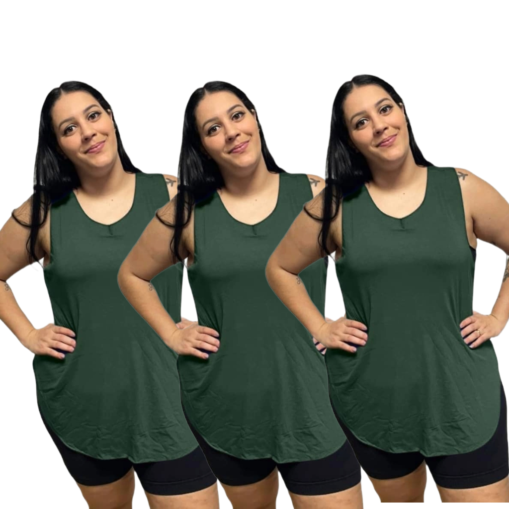 KIT 3 Regata Plus Size Feminina Tapabumbum Nadador Fitness Academia Viscolycra