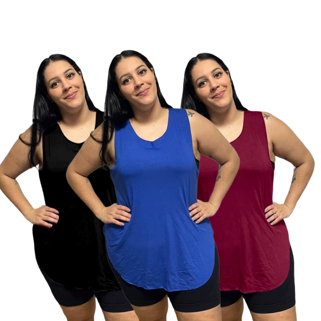 KIT 3 Regata Plus Size Feminina Tapabumbum Nadador Fitness Academia Viscolycra