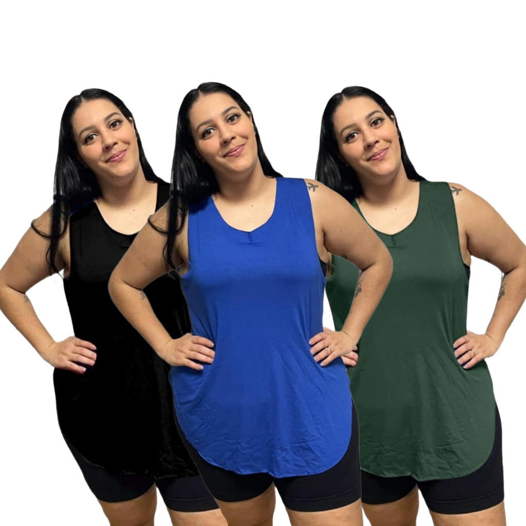 KIT 3 Regata Plus Size Feminina Tapabumbum Nadador Fitness Academia Viscolycra