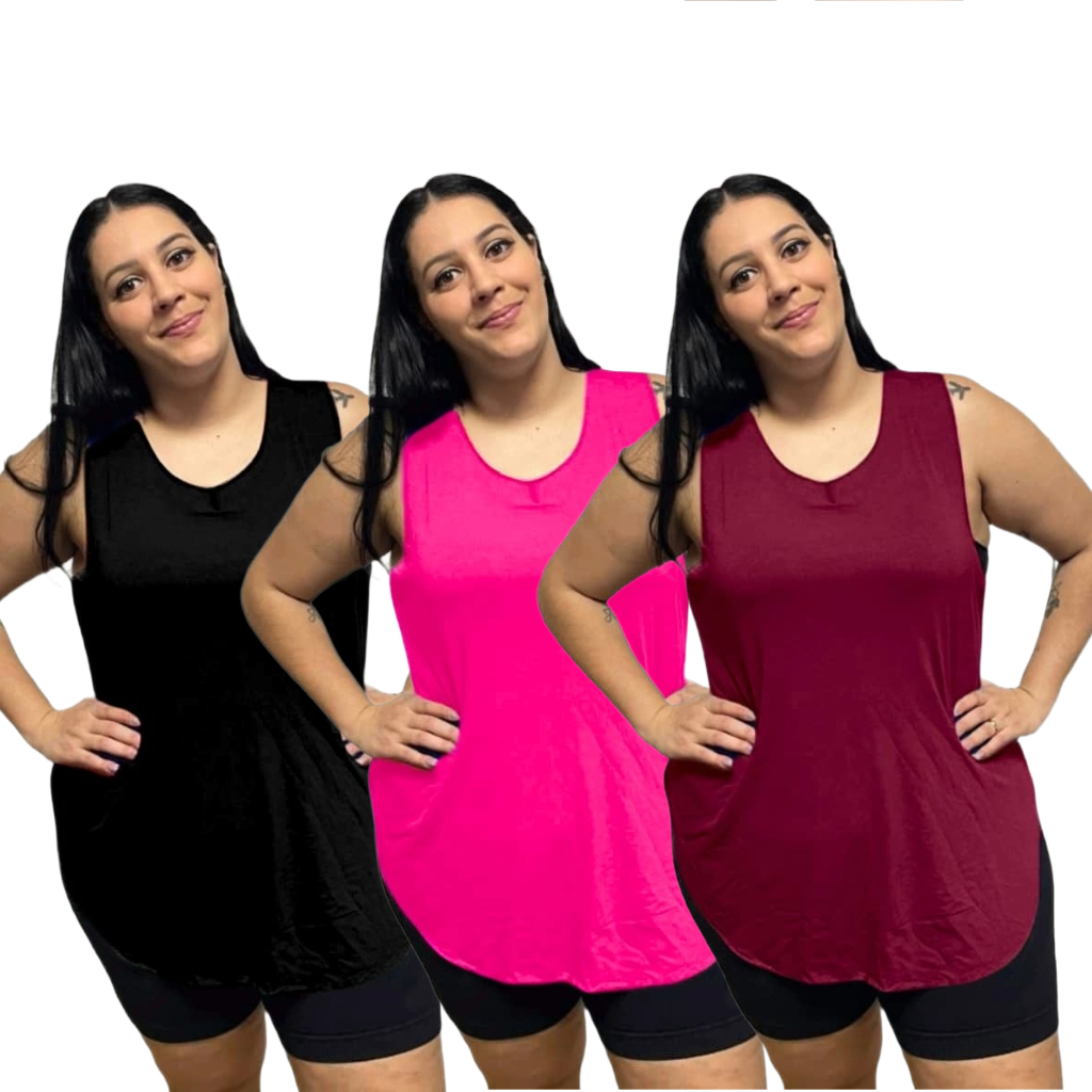 KIT 3 Regata Plus Size Feminina Tapabumbum Nadador Fitness Academia Viscolycra