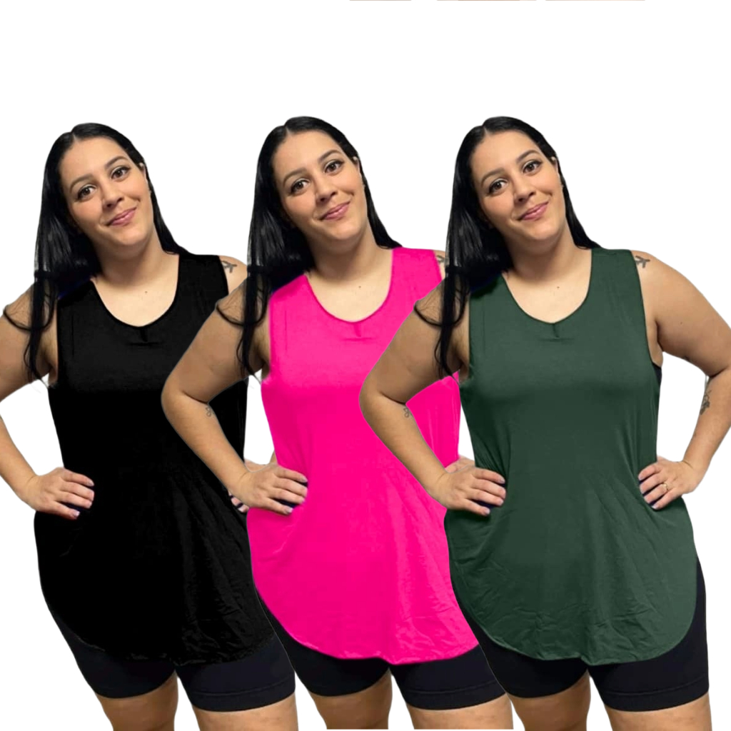 KIT 3 Regata Plus Size Feminina Tapabumbum Nadador Fitness Academia Viscolycra