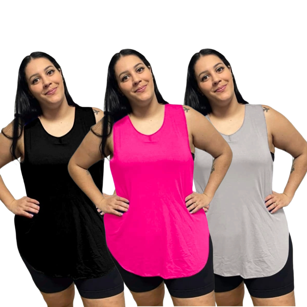 KIT 3 Regata Plus Size Feminina Tapabumbum Nadador Fitness Academia Viscolycra