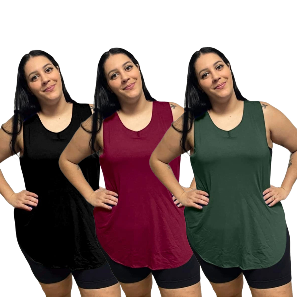 KIT 3 Regata Plus Size Feminina Tapabumbum Nadador Fitness Academia Viscolycra