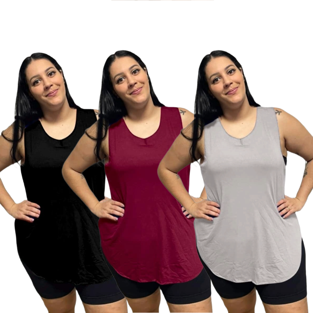 KIT 3 Regata Plus Size Feminina Tapabumbum Nadador Fitness Academia Viscolycra