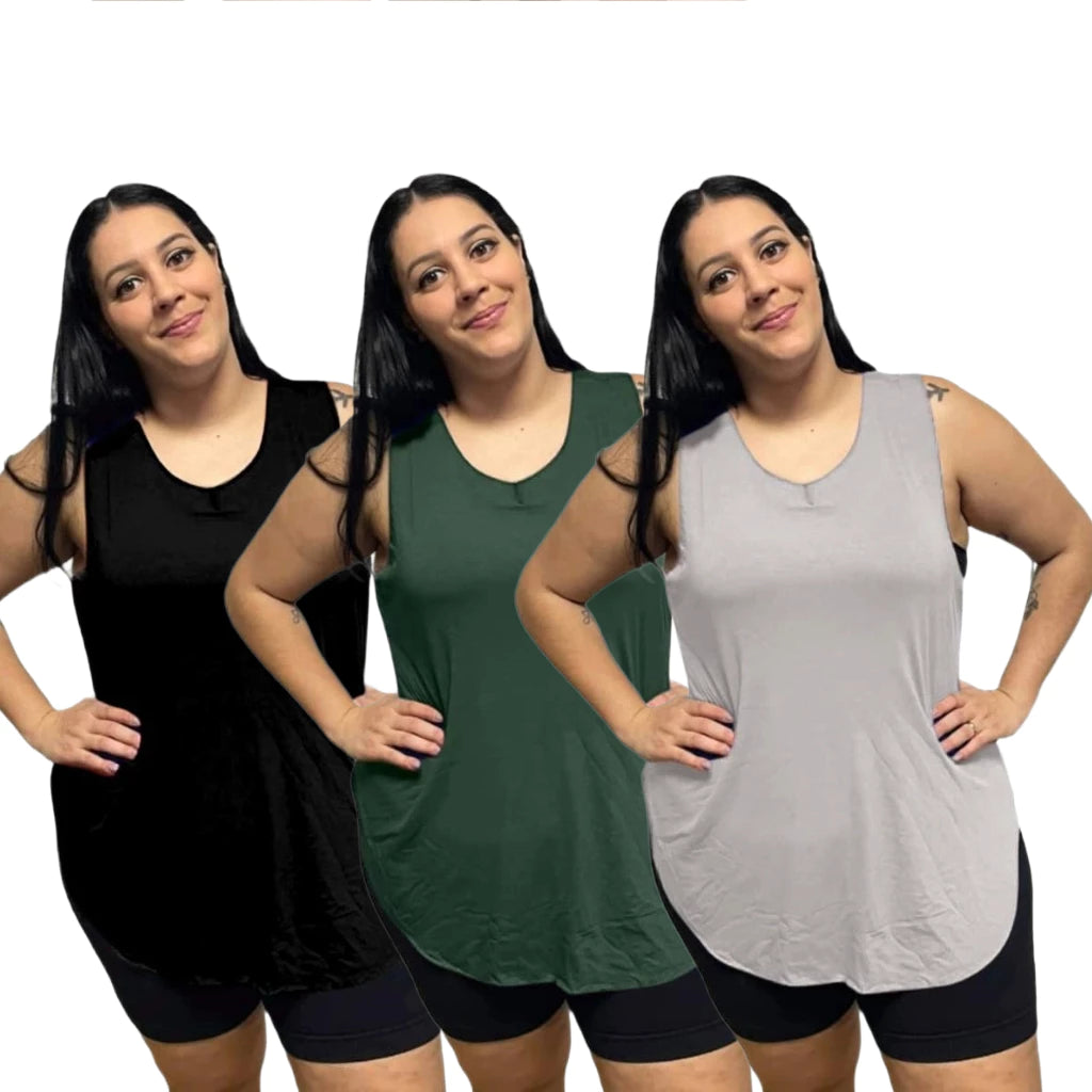 KIT 3 Regata Plus Size Feminina Tapabumbum Nadador Fitness Academia Viscolycra