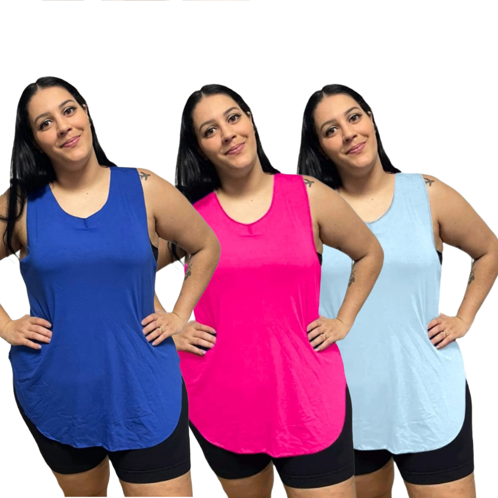 KIT 3 Regata Plus Size Feminina Tapabumbum Nadador Fitness Academia Viscolycra