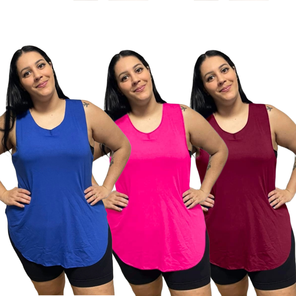 KIT 3 Regata Plus Size Feminina Tapabumbum Nadador Fitness Academia Viscolycra