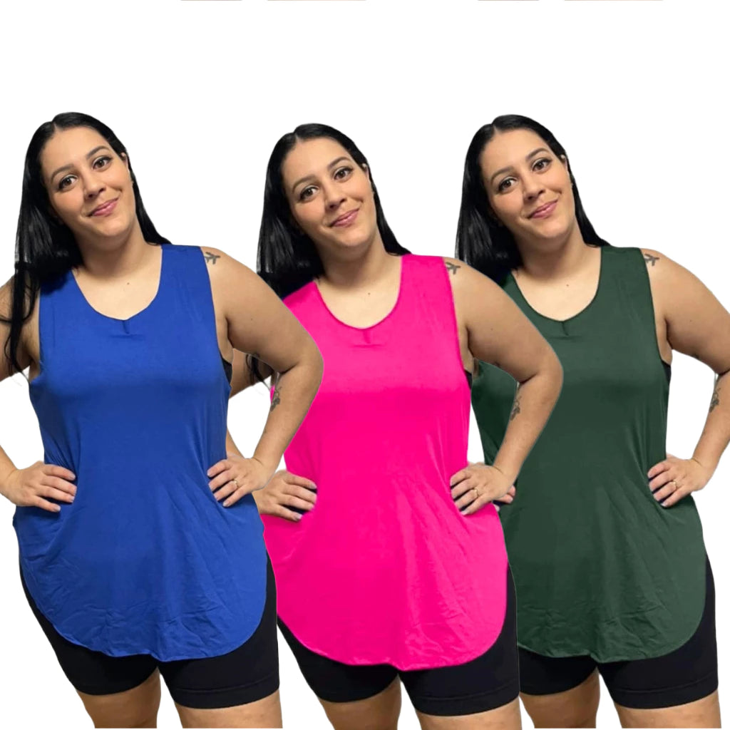 KIT 3 Regata Plus Size Feminina Tapabumbum Nadador Fitness Academia Viscolycra