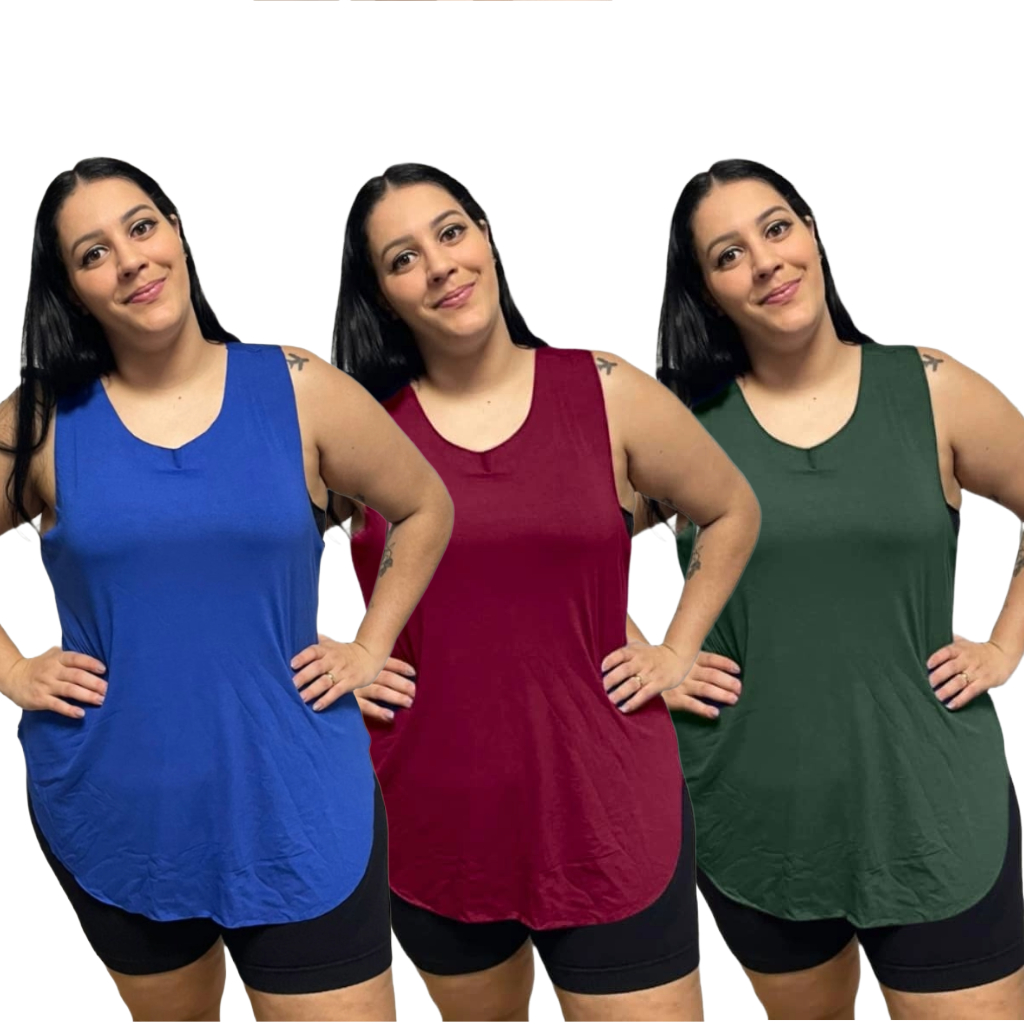 KIT 3 Regata Plus Size Feminina Tapabumbum Nadador Fitness Academia Viscolycra