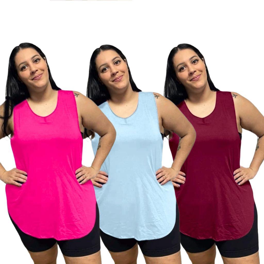 KIT 3 Regata Plus Size Feminina Tapabumbum Nadador Fitness Academia Viscolycra