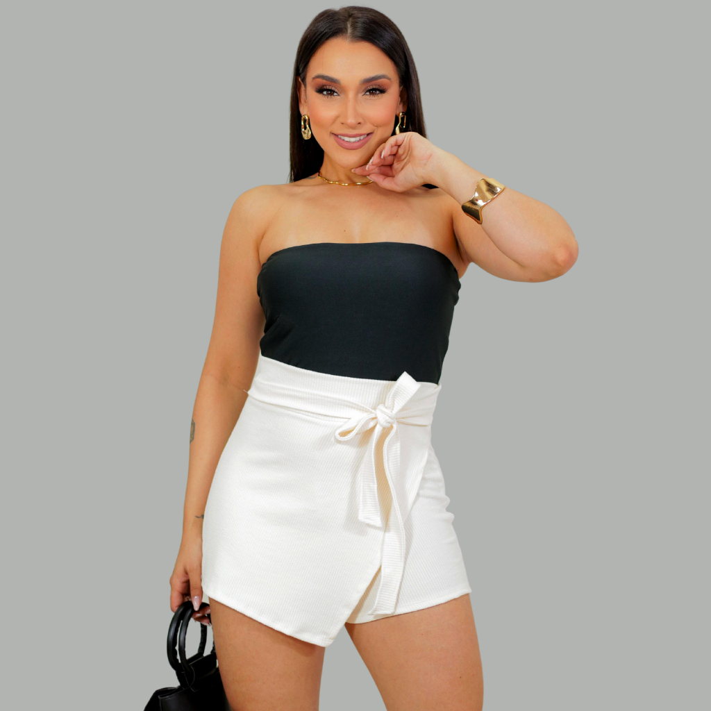 SHORT SAIA FEMININO LAÇO FRONTAL DETALHE ASSIMÉTRICO CINTURA ALTA