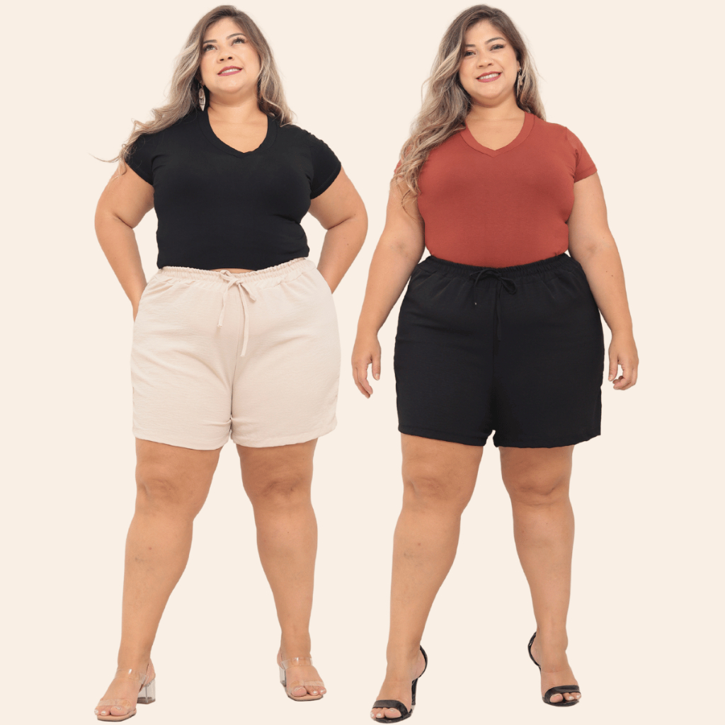 KIT 2 Bermuda Shorts Feminino Duna Confortável Saída Praia Plus Tecido Leve Preto Bege Verde Rosa To
