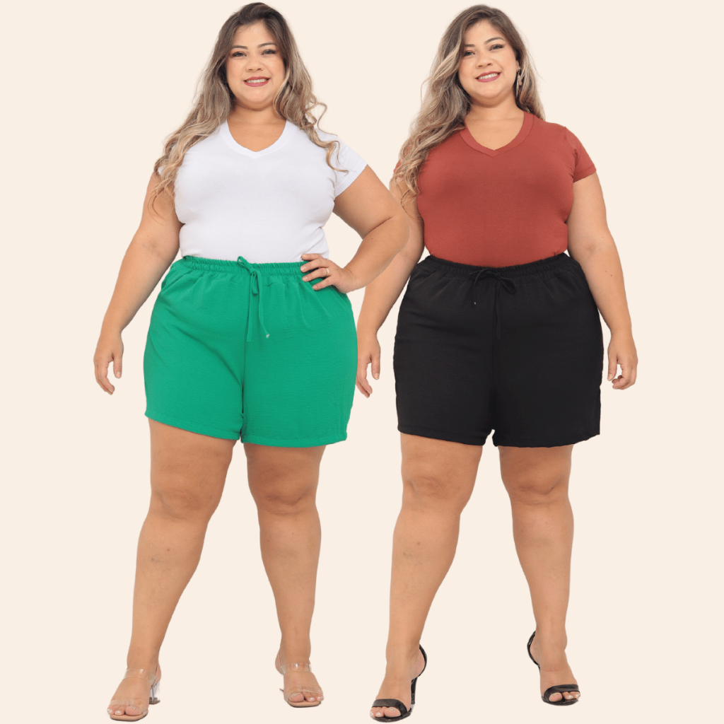 KIT 2 Bermuda Shorts Feminino Duna Confortável Saída Praia Plus Tecido Leve Preto Bege Verde Rosa To