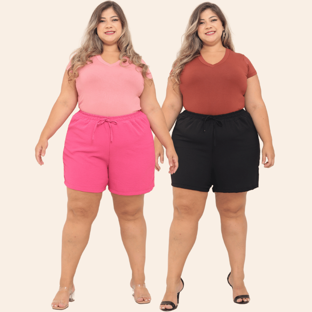 KIT 2 Bermuda Shorts Feminino Duna Confortável Saída Praia Plus Tecido Leve Preto Bege Verde Rosa To