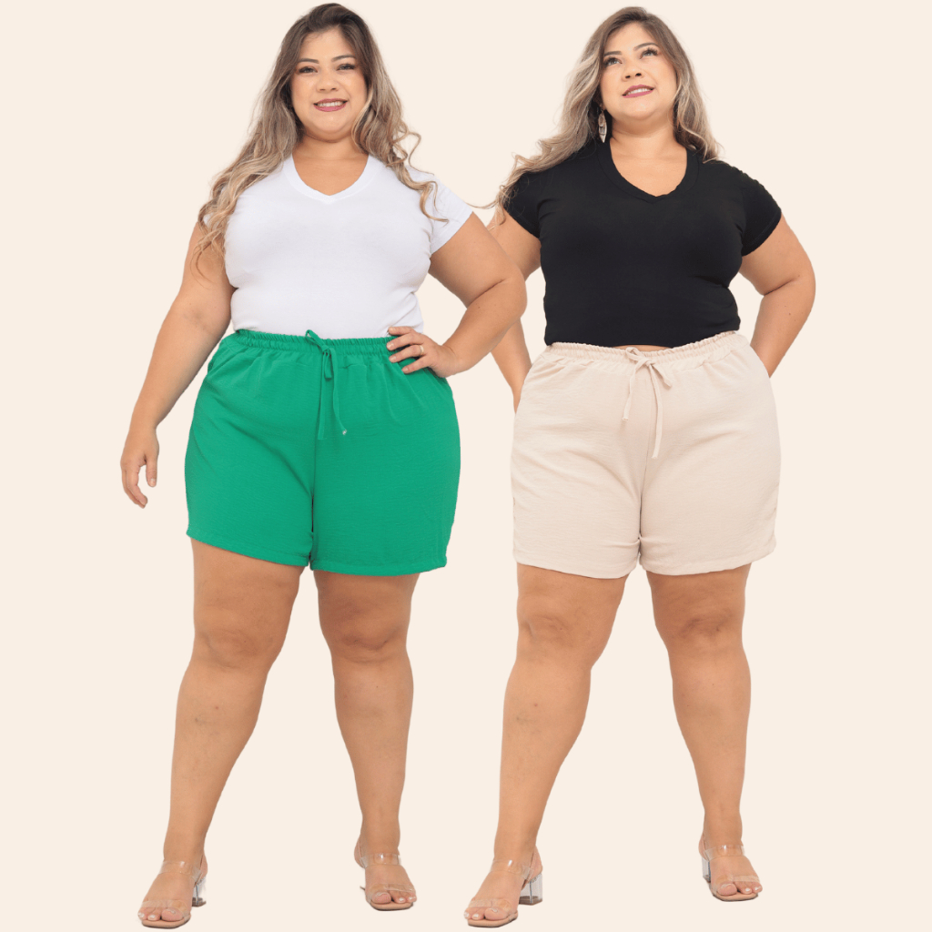 KIT 2 Bermuda Shorts Feminino Duna Confortável Saída Praia Plus Tecido Leve Preto Bege Verde Rosa To