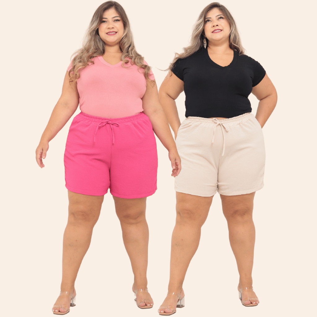 KIT 2 Bermuda Shorts Feminino Duna Confortável Saída Praia Plus Tecido Leve Preto Bege Verde Rosa To
