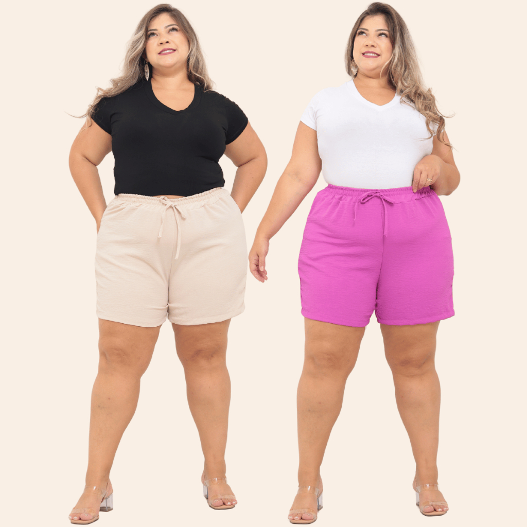 KIT 2 Bermuda Shorts Feminino Duna Confortável Saída Praia Plus Tecido Leve Preto Bege Verde Rosa To
