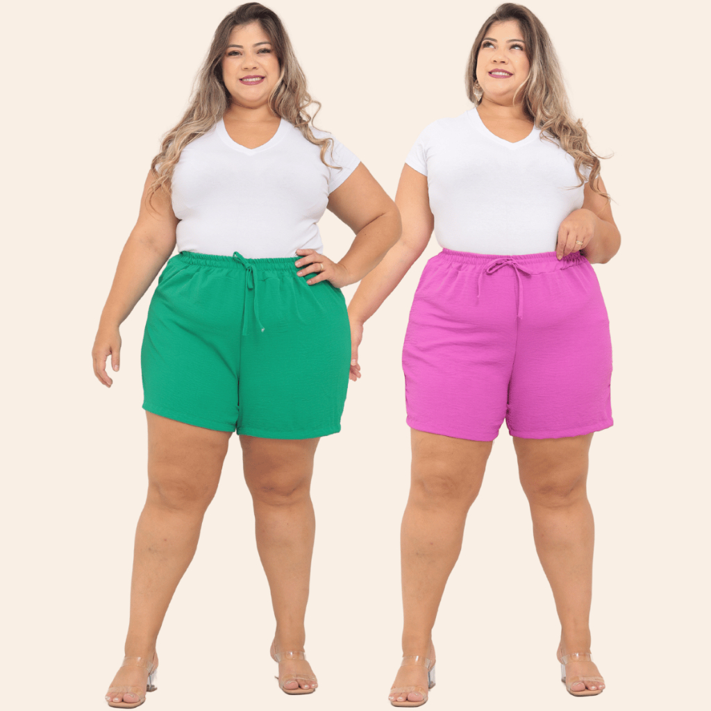KIT 2 Bermuda Shorts Feminino Duna Confortável Saída Praia Plus Tecido Leve Preto Bege Verde Rosa To