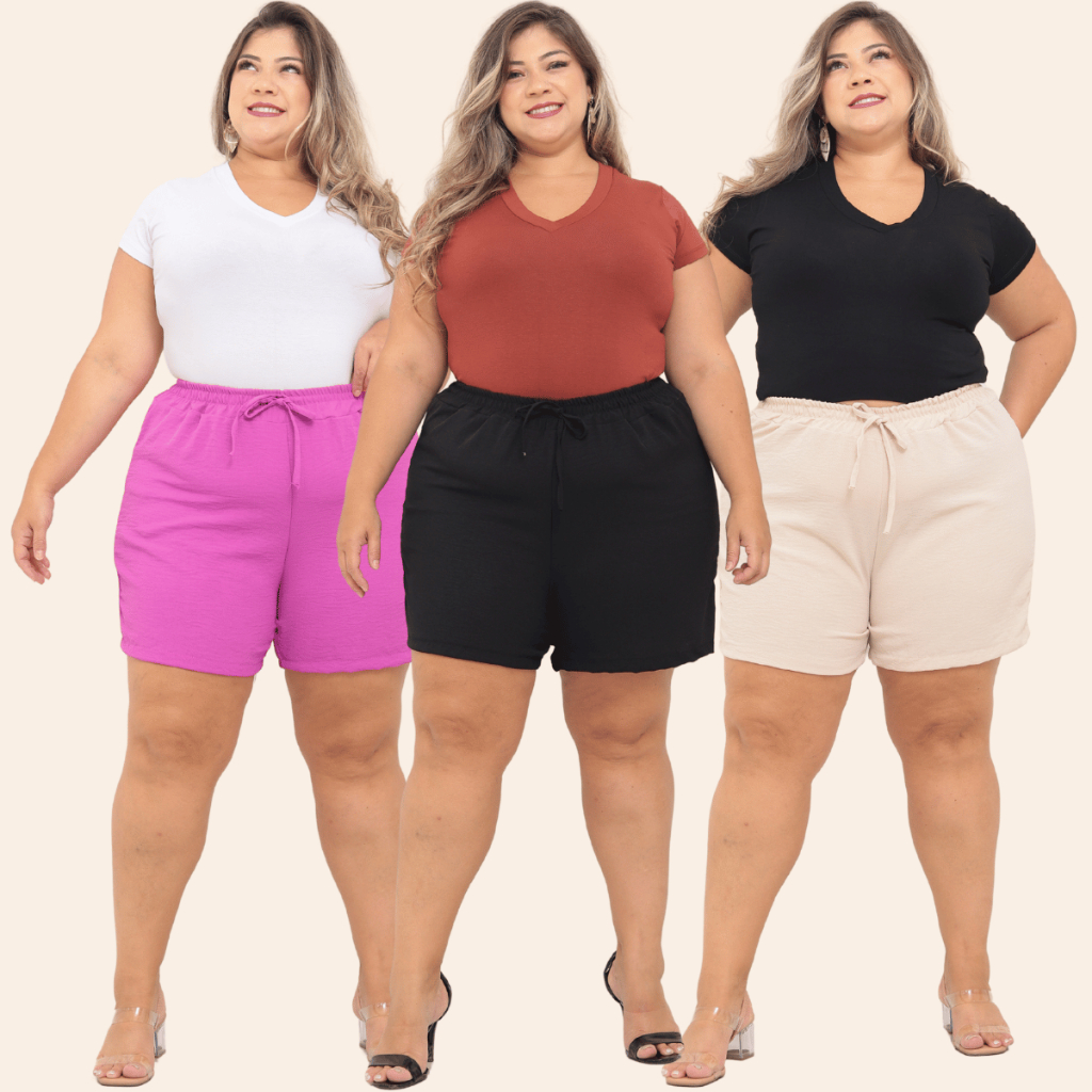 KIT 2 Bermuda Shorts Feminino Duna Confortável Saída Praia Plus Tecido Leve Preto Bege Verde Rosa To