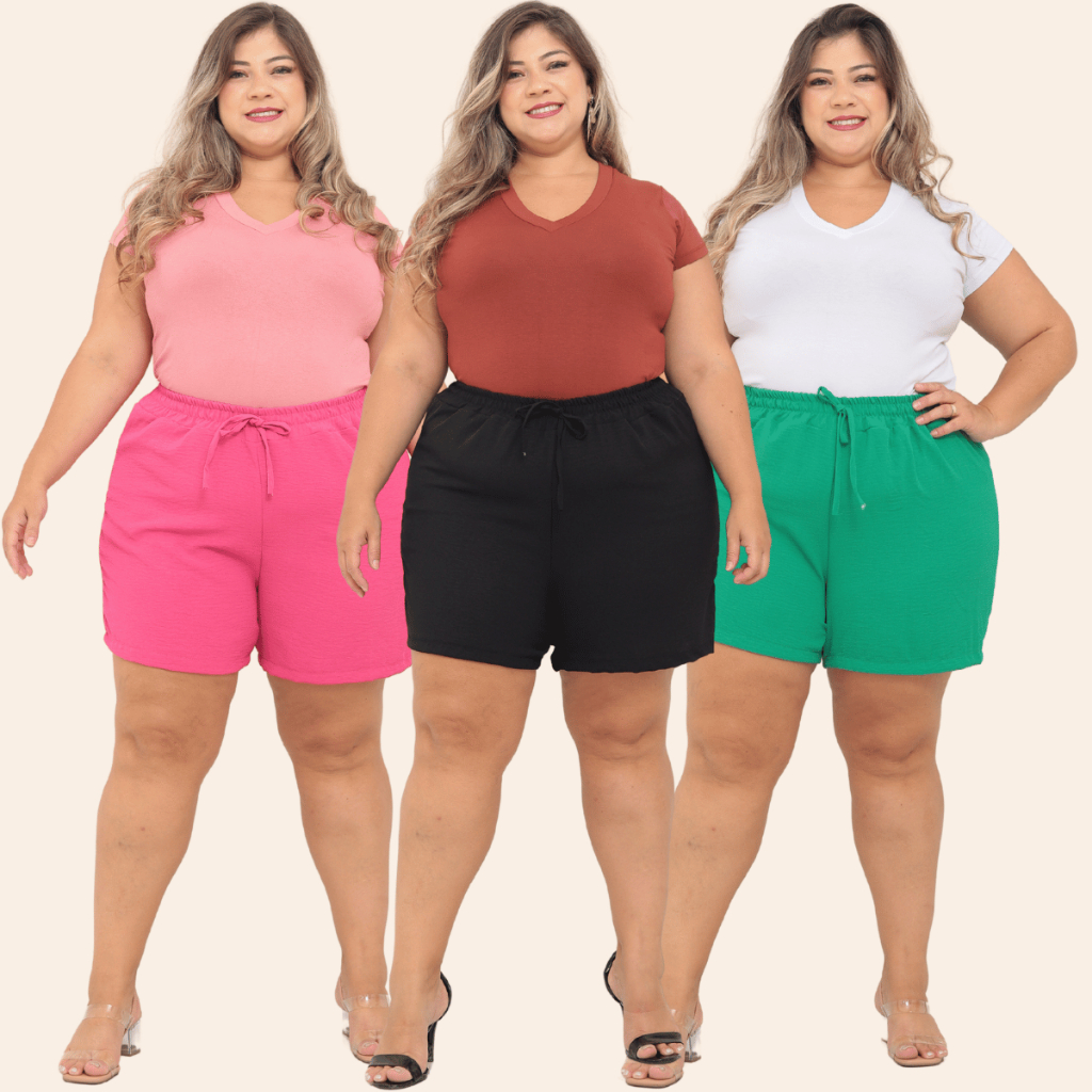 KIT 2 Bermuda Shorts Feminino Duna Confortável Saída Praia Plus Tecido Leve Preto Bege Verde Rosa To