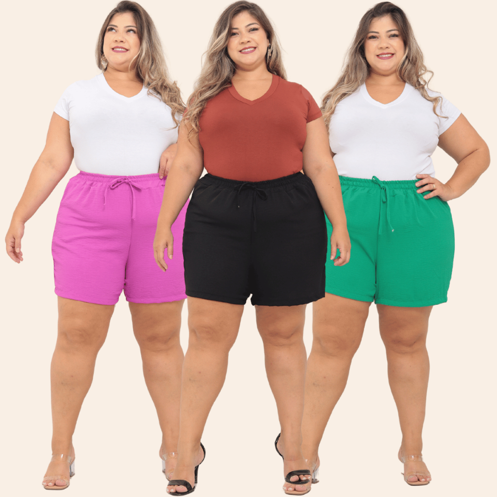KIT 2 Bermuda Shorts Feminino Duna Confortável Saída Praia Plus Tecido Leve Preto Bege Verde Rosa To