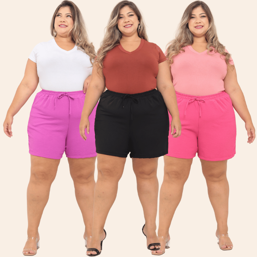 KIT 2 Bermuda Shorts Feminino Duna Confortável Saída Praia Plus Tecido Leve Preto Bege Verde Rosa To