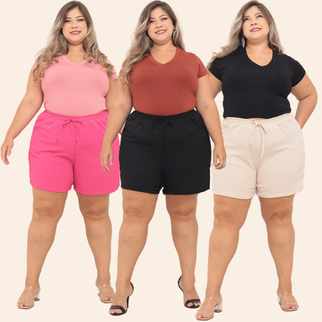 KIT 2 Bermuda Shorts Feminino Duna Confortável Saída Praia Plus Tecido Leve Preto Bege Verde Rosa To