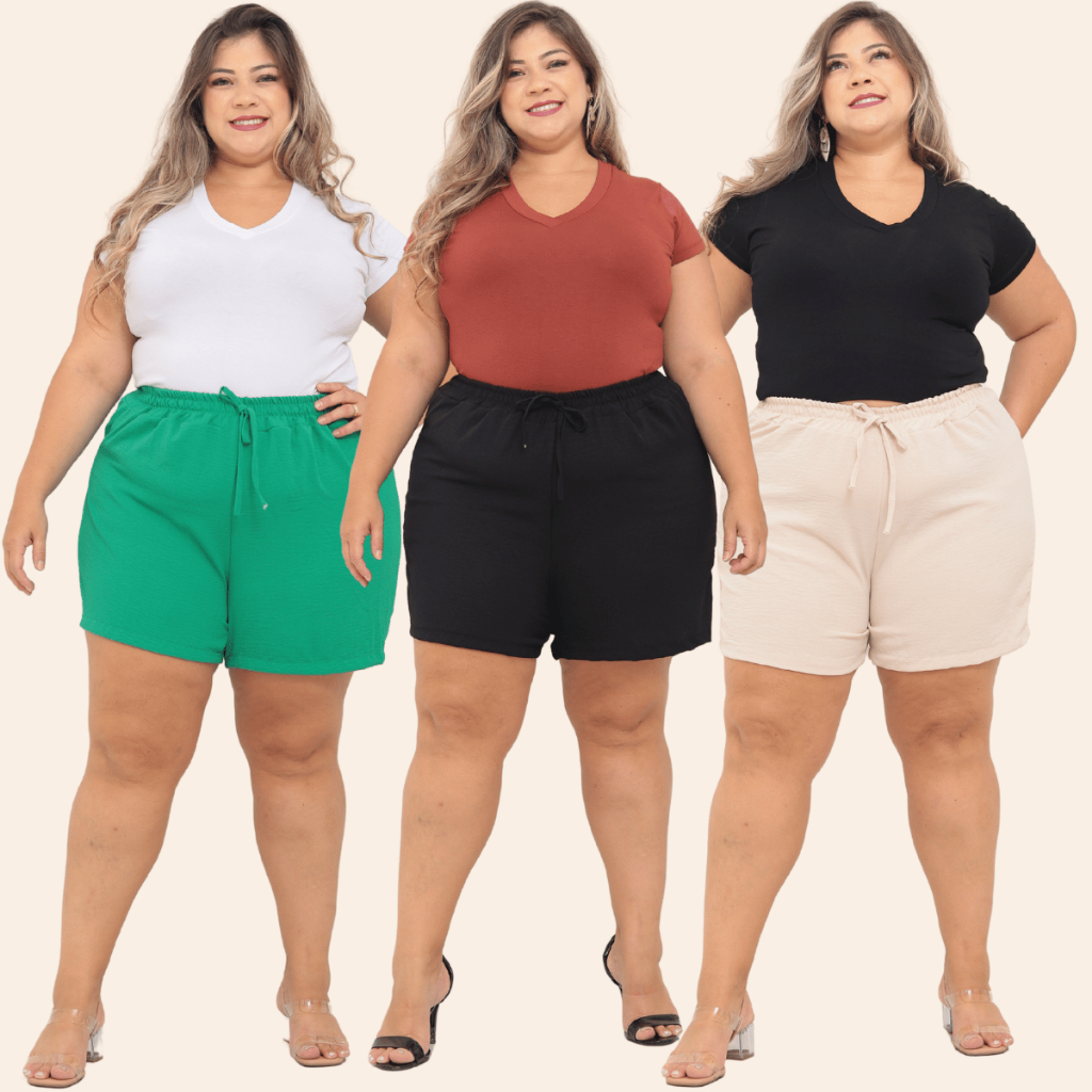 KIT 2 Bermuda Shorts Feminino Duna Confortável Saída Praia Plus Tecido Leve Preto Bege Verde Rosa To