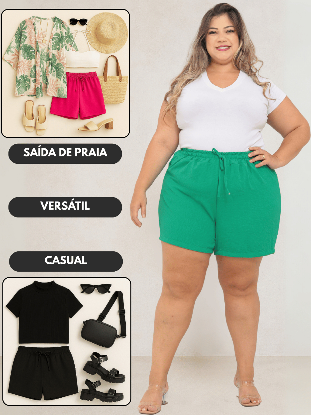 KIT 2 Bermuda Shorts Feminino Duna Confortável Saída Praia Plus Tecido Leve Preto Bege Verde Rosa To