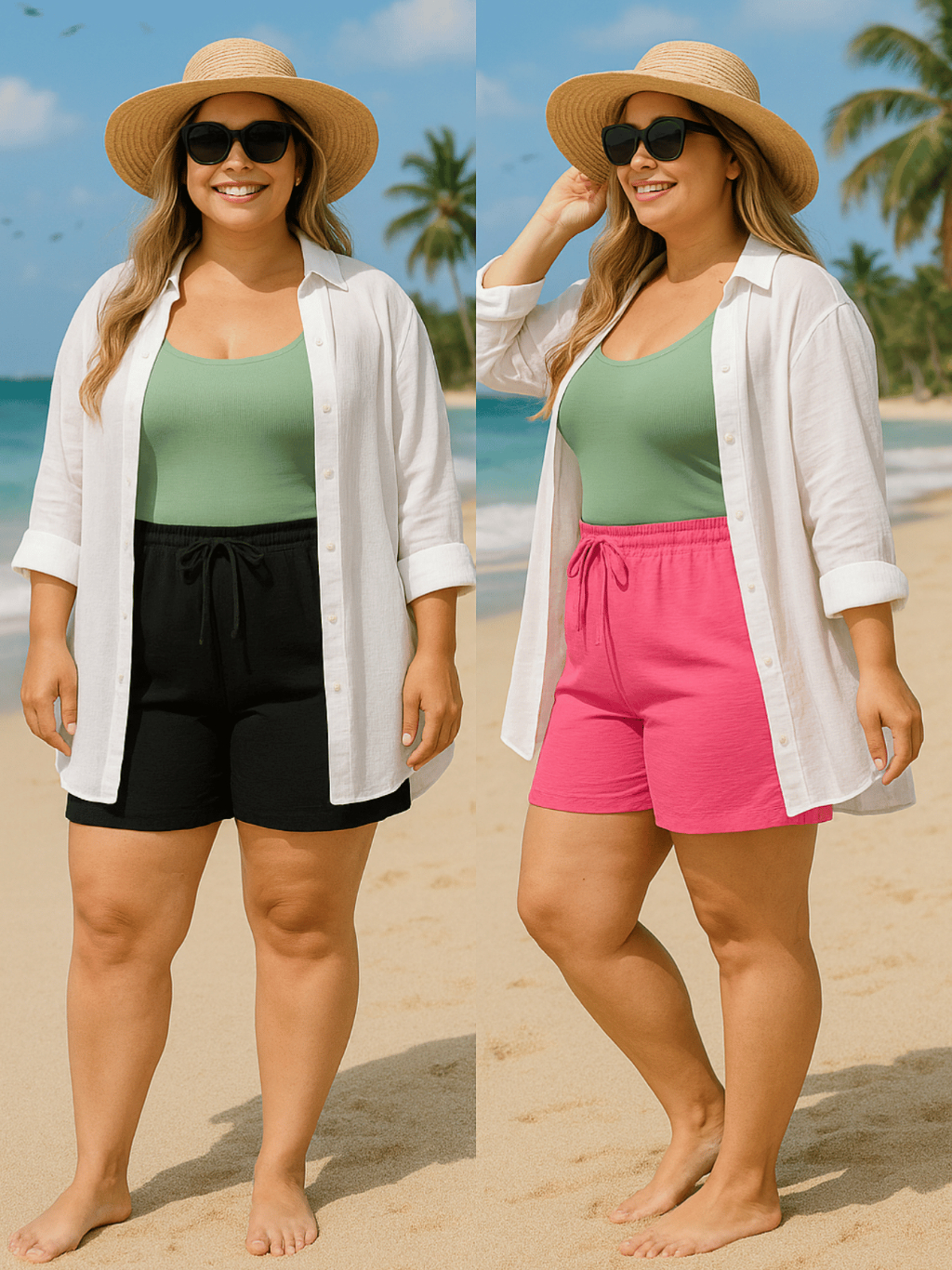 KIT 2 Bermuda Shorts Feminino Duna Confortável Saída Praia Plus Tecido Leve Preto Bege Verde Rosa To