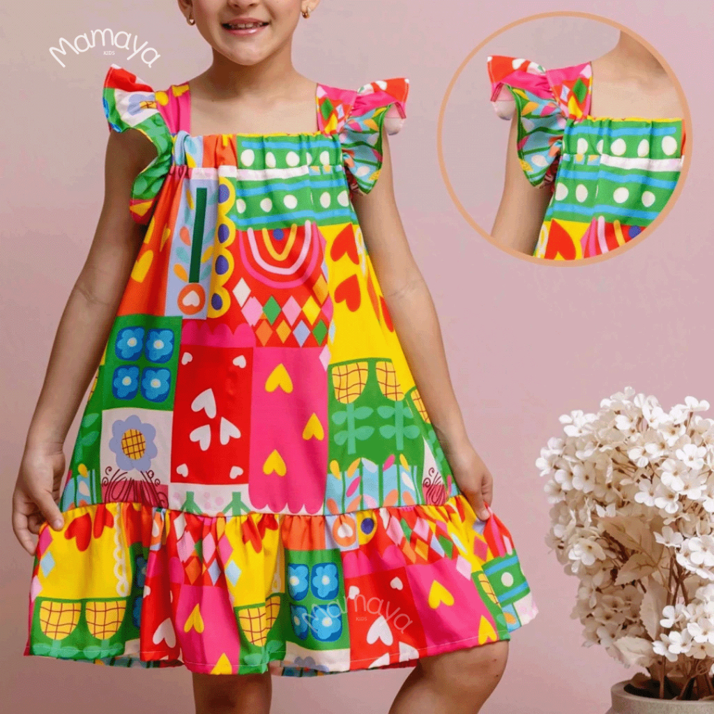 Vestido Infantil Estampado Colorido Bloguerinha Luxo Casual Delicado de 4 a 12 Anos