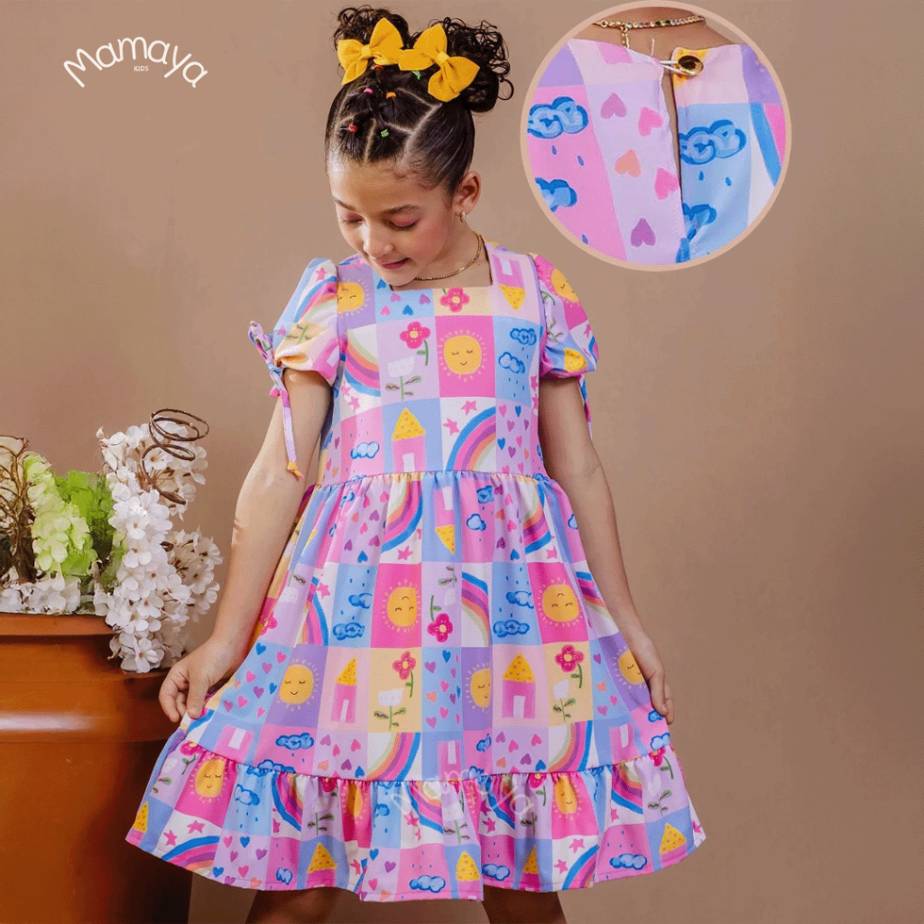 Vestido Infantil Estampado Colorido Bloguerinha Luxo Casual Delicado de 4 a 12 Anos