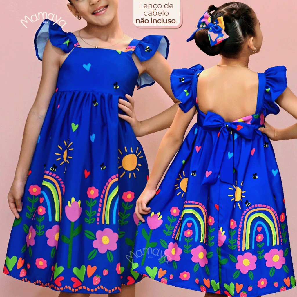 Vestido Infantil Estampado Colorido Bloguerinha Luxo Casual Delicado de 4 a 12 Anos