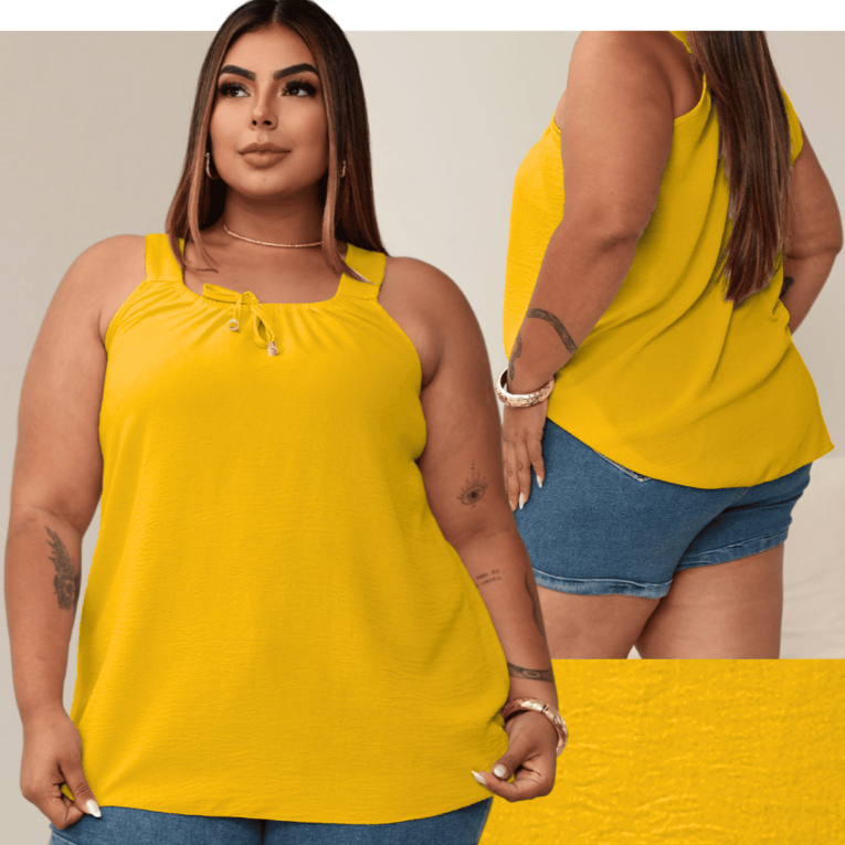 Blusa Regata Feminina Plus Size Elastico Na Gola Com Ponteira Dourada Tendencia