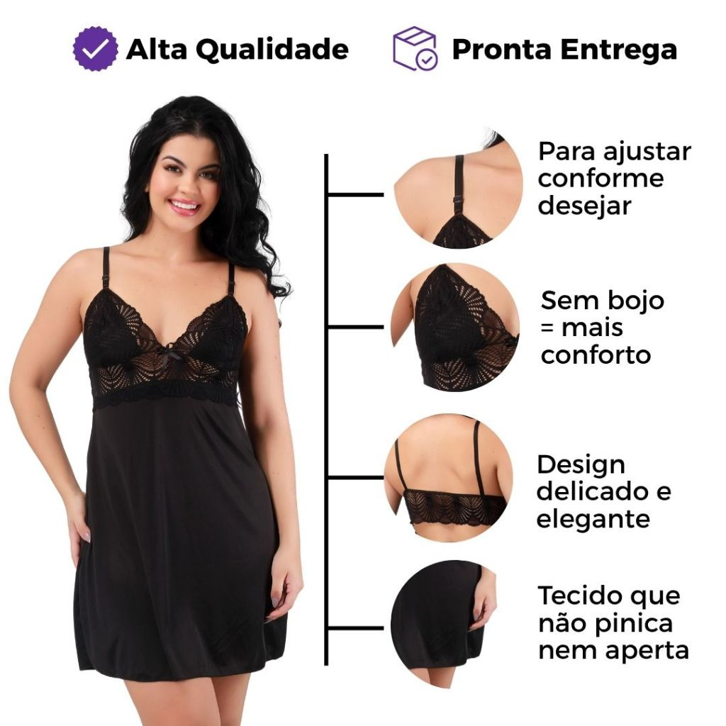 Camisola Com Calcinha Sexy Feminina Curta Sensual Com Renda Sem Bojo Costas Nua Sexy