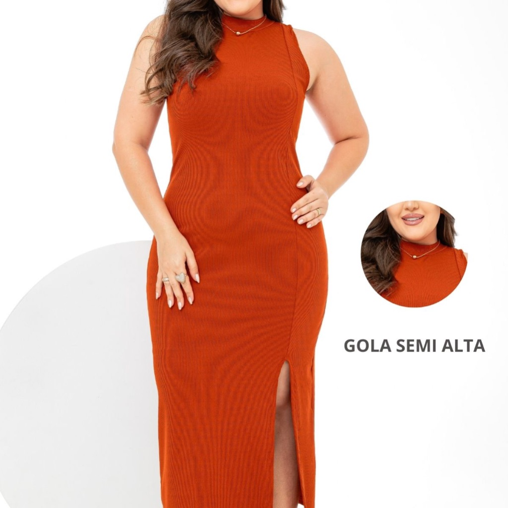 Vestido Midi PAZME Plus Size Regata Larga C/ Fenda Frontal