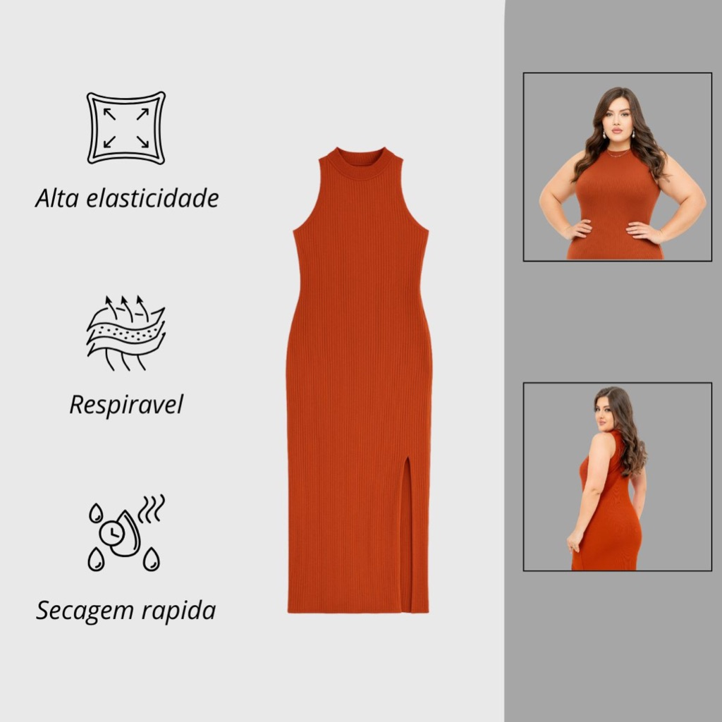 Vestido Midi PAZME Plus Size Regata Larga C/ Fenda Frontal