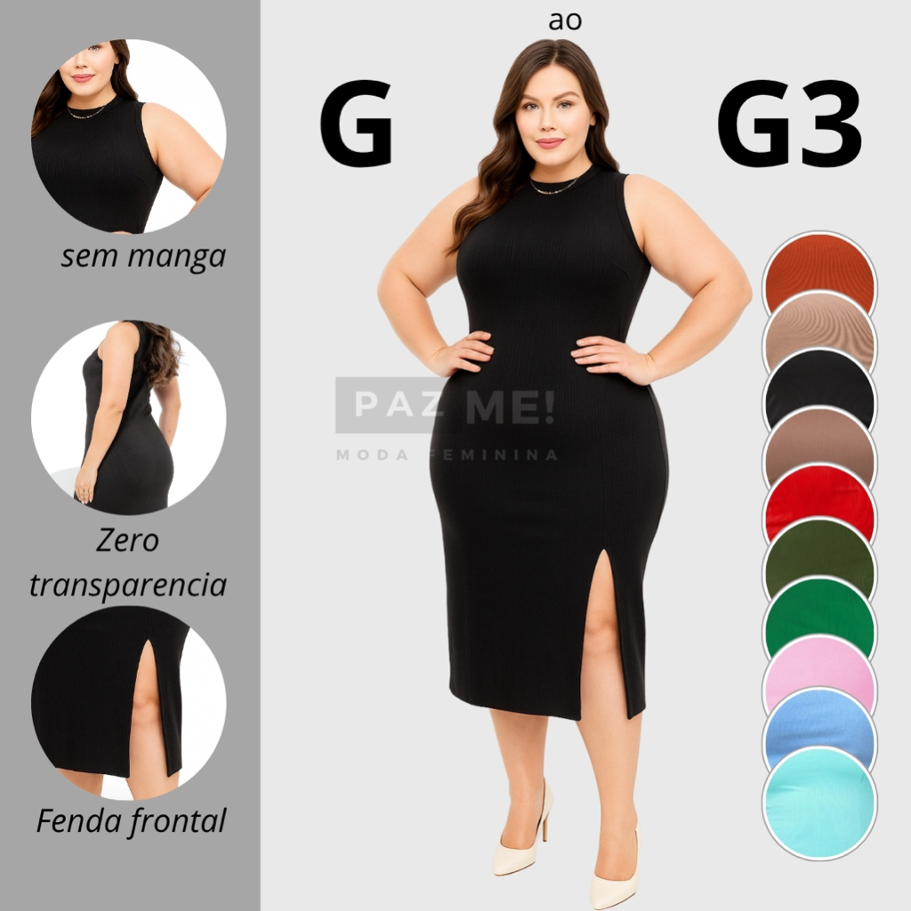 Vestido Midi PAZME Plus Size Regata Larga C/ Fenda Frontal