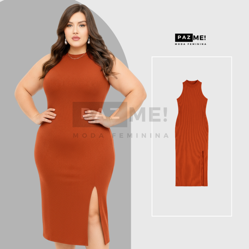 Vestido Midi PAZME Plus Size Regata Larga C/ Fenda Frontal