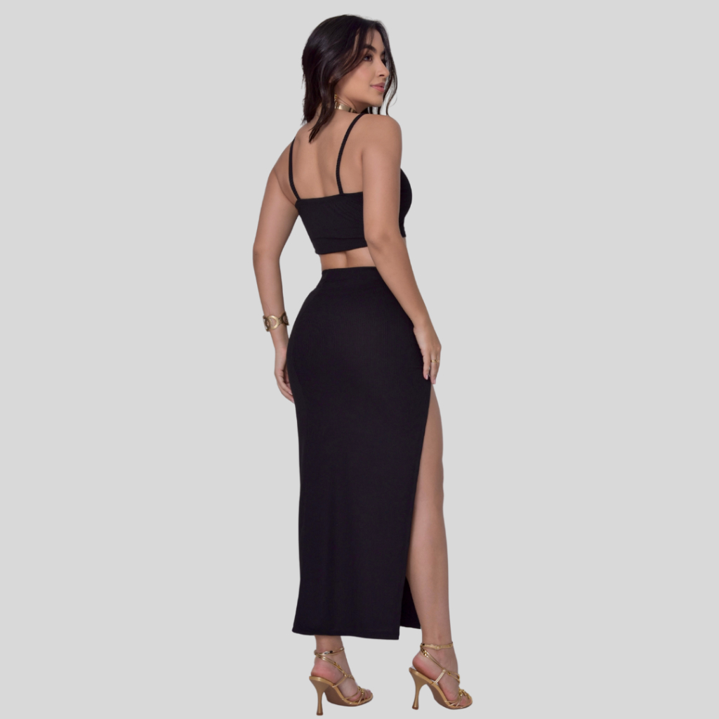 Conjunto Feminino Cropped Canelado e Saia Longa com Fenda – Justo, Estiloso e Confortável