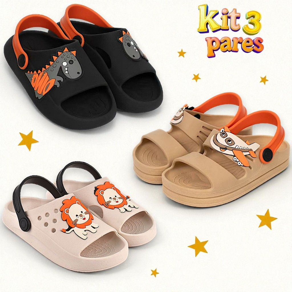 Kit 3 Pares Sandália Papete Infantil Menino Confortável Promoção